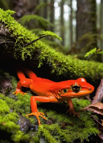 Describe the vibrant red eft exploring a mossy forest.,red eft,california newt,eastern newt,golden poison frog,fire-bellied toad,oriental fire-bellied toad,coral finger frog,pacific newt,coral finger 