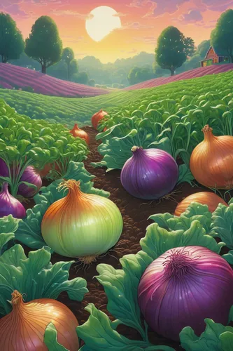 vegetables landscape,vegetable field,mushroom landscape,kohlrabi,agricultural,onion bulbs,colorful vegetables,turnips,eggplants,picking vegetables in early spring,vegetable garden,still life with onions,tulips field,farm landscape,daikon,watermelon painting,cultivated field,pumpkin patch,potato field,tulip field,Illustration,American Style,American Style 15