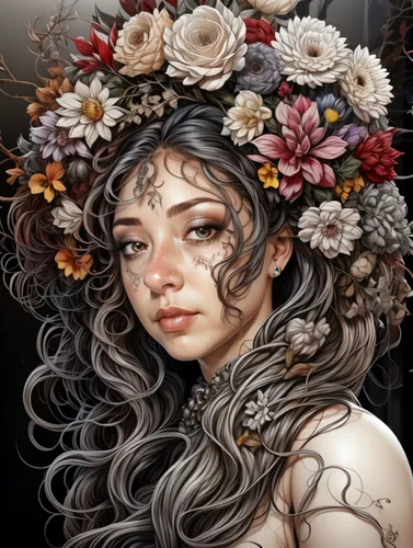 fantasy portrait,girl in a wreath,floral wreath,elven flower,wreath of flowers,flora,masquerade,rose wreath,girl in flowers,artemisia,widow flower,wilted,kahila garland-lily,mystical portrait of a girl,fantasy art,venetian mask,blooming wreath,medusa,zodiac sign gemini,dry bloom