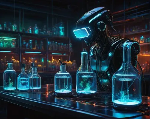 Fantasy illustration, glowing nectar, AI-generated scenery, futuristic laboratory, glass containers, shimmering liquids, neon lights, metallic tables, sci-fi equipment, wires and circuits, robotic arm