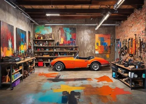 Modern industrial-style garage interior, concrete floor, metallic shelves, wooden workbench, scattered tools, vintage car parts, dim overhead lighting, warm spotlights, brick walls, steel beams, rusti