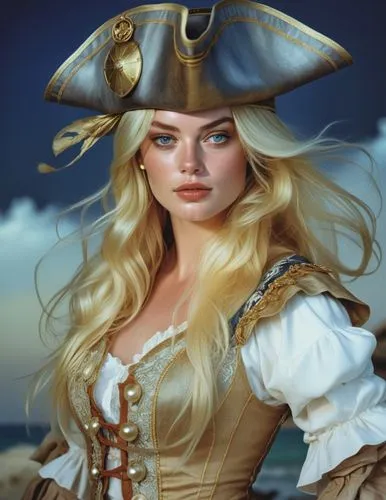 a woman wearing a pirate hat, charlie bowater character art, treasure island, it is the captain of a crew, black and white coloring, drawn in the style of mark arian, portrait of margot robbie, unused