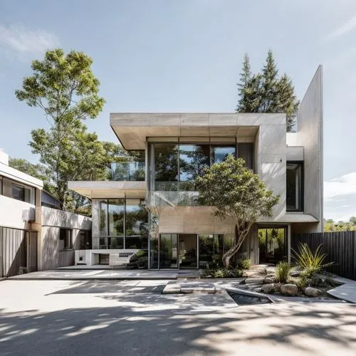 MODERN HOUSE, EXTERIOR , WITH a YARD FRONT, TREES IN BACK, BLUE SKY, Ivory WHITE WALL, LARGE GLASS WALL, WOOD CELLING, WARM LIGHT INTERIOR, ultra quality, film grain, Fujifilm XT3, sharp image, best q