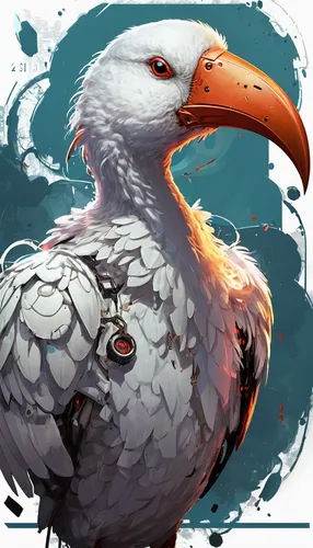 In a dystopian future, a cybernetically enhanced white ibis becomes a symbol of hope and rebellion.,aztec gull,araucana,eagle illustration,larus,sea head eagle,white eagle,red-footed booby,cockatoo,ca