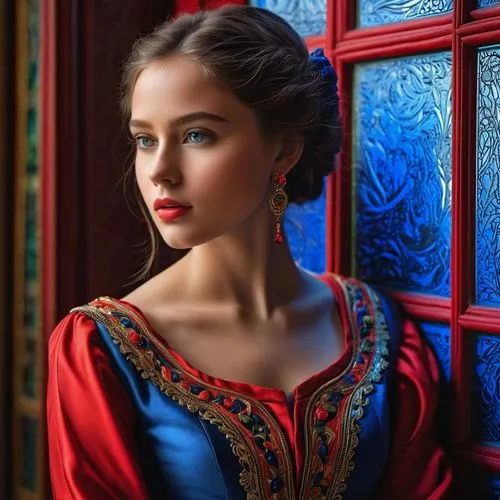 romantic portrait,russian folk style,mystical portrait of a girl,girl in a historic way,red tunic,young woman,ukrainian,portrait of a girl,red coat,victorian lady,cinderella,beautiful young woman,fairy tale character,portrait photographers,enchanting,red and blue,hanbok,oriental princess,young lady,tudor,Art,Classical Oil Painting,Classical Oil Painting 17