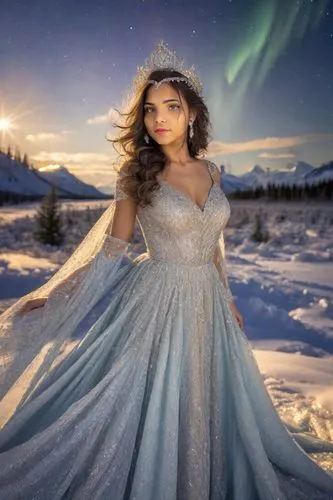 Vestida de gala con vestido brillante con aplicaciones plateadas, grandes pechos, de fondo la aurora boreal 
,celtic woman,the snow queen,ice princess,ice queen,fantasy picture,fairytale,enchanting,wh