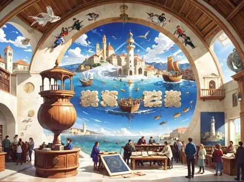 four fishermen a fishing ship in the middle of picture, lighthouse in the right hand, lighthouse is shining to shine the left,a large mural painted on the wall inside a building,shanghai disney,disney