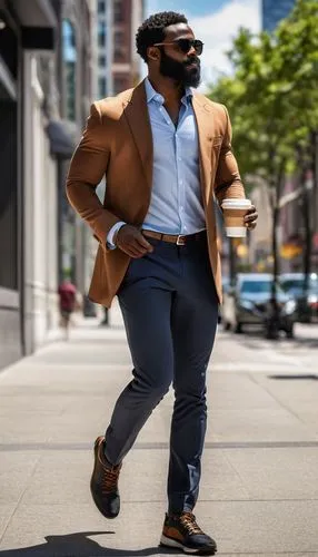 a off guard full length photo of a dark skin African American male, athletic built with a low cut black shades and full beard business casual fit walking in the city during the day with coffee  in han