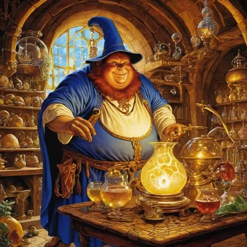 I would like an AI-generated image of a young fat male human alchemist character set in the Discworld universe, styled like the artwork of Josh Kirby. The alchemist should have a whimsical, detailed, 