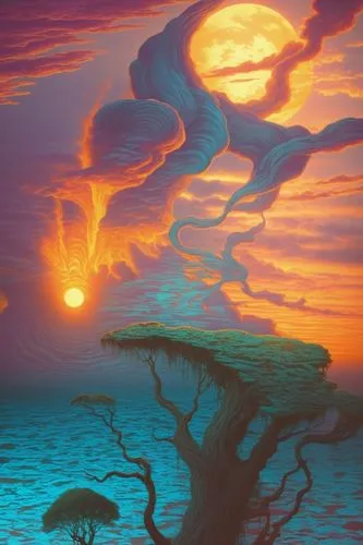 a large sun shining behind trees next to water,mushroom landscape,underwater landscape,fantasy landscape,alien world,mushroom island,coral swirl,Illustration,Realistic Fantasy,Realistic Fantasy 25