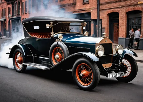 A steam-powered Exotic Hot Rod,  typically American cars that might be old,   sports car with a chimney, no hood, with the engine apparent and wide splint wheels on a street during the Victorian era
,