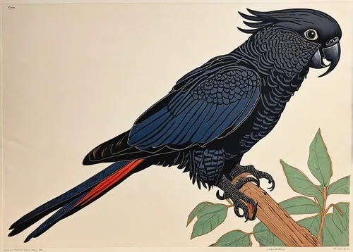 RED-TAILED BLACK COCKATOO 74.5 X 49.5 EDITION OF 50 HAND COLOURED LINOCUT ON HANDMADE JAPANESE PAPER $1,250,black macaws sari,cool woodblock images,hyacinth macaw,red-winged blackbird,nicobar pigeon,i