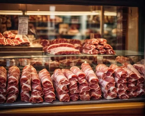 Shopping street in Madrid, shop window of a traditional butchers shop,  Traditional Spanish Bocadillos with Iberico Jamon Laid Out in a Slide on a Shop Window ,the meat store has a very assortment of 