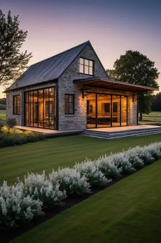 Modern farmhouse architecture design, rural landscape, vast open fields, rolling hills, wooden fence, metal roof, large windows, sliding glass doors, stone walls, greenery surroundings, natural materi