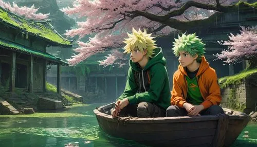 anime,anime boy,Deku,Bakugou,rowing boat,cherry blossoms,Conceptual Art,Fantasy,Fantasy 13