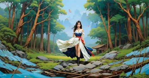 a painting of a young woman with flowing hair,diwata,anarkali,girl in a long dress,belldandy,girl on the river,kunqu,Conceptual Art,Daily,Daily 03