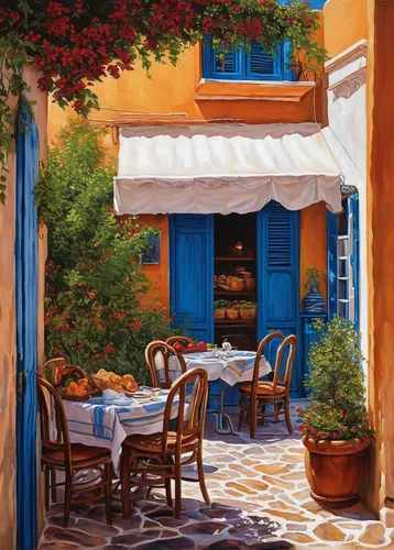 Imagine a cozy caf￩ tucked away in a vibrant Greek village, serving warm and freshly fried loukamades. Describe the delightful aroma that fills the air.,greece,italian painter,mediterranean cuisine,he