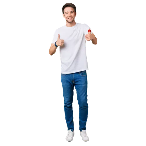 Smiling face, thumbs up gesture, casual pose, solo, adult male, short hair, bright eyes, slightly messy eyebrows, white teeth, relaxed facial expression, plain white t-shirt, denim jeans, sneakers, in