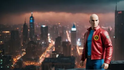    Bald Action figure wearing red jacket,  toy infographics, Label that says "Open Fire" on display box, Comic book style, Red and white color palette, Blue jeans, ,a figure is posed in front of a pic