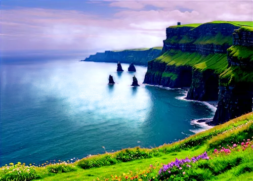 Emerald Isle, Ireland scenery, rugged coastline, Cliffs of Moher, rolling green hills, misty mountains, stone fences, wildflowers, morning dew, soft sunlight, panoramic view, 3/4 composition, cinemati