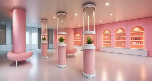 Cosmetic store display space design, cylinder display includes stick balm display, tone-on-tone of pink and salmon, minimal plants, gloss, 3000k warm lighting, fluffy cushioned sofa on white-toned col