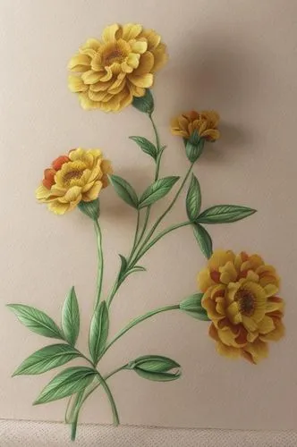 Convert flower sketches to real flowers with shadows,three yellow flowers are sitting in the corner of a painted mural,tagetes,embroidered flowers,tagetes flower,flower painting,flower drawing,marigol