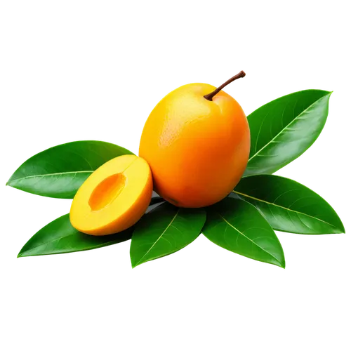 Mango, yellow orange fruit, green leaf top, rounded shape, juicy flesh, sweet smell, solo, isolated, transparent background, detailed texture, realistic lighting, shallow depth of field, 3/4 compositi