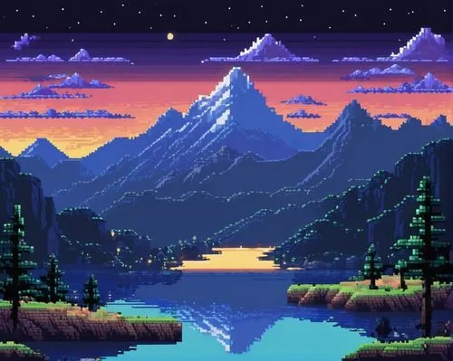 mountains,evening lake,mountain sunrise,dusk,mountain world,mountain lake,dusk background,mountain and sea,giant mountains,autumn mountains,high mountains,pixel art,mountain range,mountainlake,mountain,mountain landscape,mountain valley,coast sunset,snowy peaks,lagoon,Unique,Pixel,Pixel 01