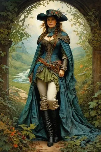 pilgrim,fantasy portrait,ranger,the wanderer,fantasy picture,adventurer,hatter,the hat of the woman,fantasy woman,rosa ' amber cover,the hat-female,portrait background,imperial coat,quarterstaff,merida,the order of the fields,fantasy art,sorceress,vendor,woman holding pie,Conceptual Art,Fantasy,Fantasy 05