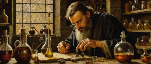 A classical painting of an alchemist working with potions.,apothecary,candlemaker,benedictine,potions,alchemy,watchmaker,chemist,twelve apostle,the abbot of olib,shoemaker,clockmaker,tinsmith,meticulo