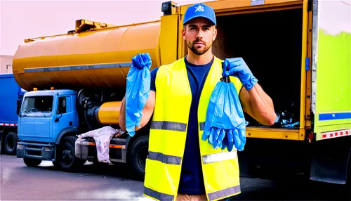 Waste management worker, male, muscular build, yellow vest, blue gloves, serious expression, holding trash grabber, standing in front of garbage truck, urban setting, afternoon sun, 3/4 composition, s