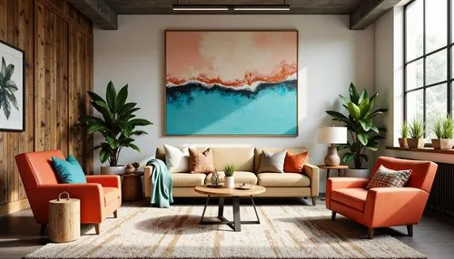 apartment lounge,livingroom,living room,modern decor,contemporary decor,mid century modern,sitting room,interior design,interior decor,teal and orange,modern living room,interior decoration,mid century,an apartment,apartment,shared apartment,furnishings,loft,boho art,paintings