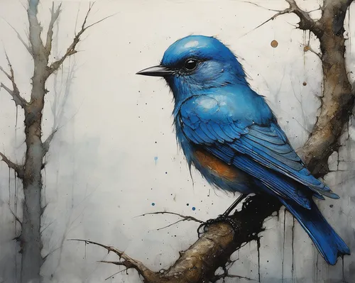 bird painting,bluebird,bluebird perched,blue bird,western bluebird,blue birds and blossom,bluejay,eastern bluebird,mountain bluebird,blue wren,bluebird female,male bluebird,tickell's blue flycatcher,bird on branch,blue painting,bird on the tree,songbirds,twitter bird,indigo bunting,tanager,Illustration,Abstract Fantasy,Abstract Fantasy 18