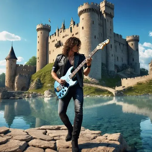 fantasy landscape, water castle,ancient city, rocker guitarist playing electric guitar,impellitteri,malmsteen,sambora,bumblefoot,yngwie,amott,sarzo,castles,janick,iommi,castlelike,castleguard,hynde,ca