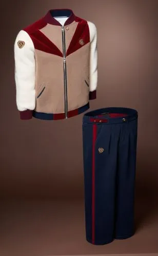 Velour tracksuit, Chevron pattern on jacket, Lion head logo on shoulder and pant leg, all  dark red with black  trim color scheme ,Men's velour tracksuit red blue tan,a uniform,military uniform,unifor