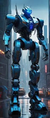 Atlan mech, sci-fi robot, mechanical body, glowing blue eyes, metallic skin, intricate circuitry patterns, powerful legs, massive arms, sharp claws, futuristic cityscape, towering skyscrapers, neon li