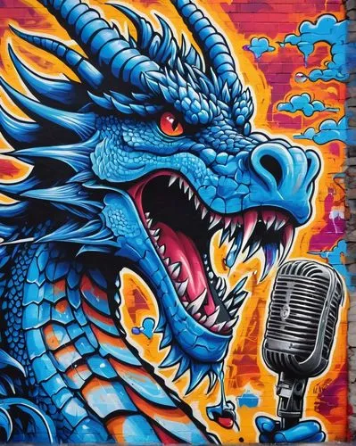 blue dragon sings to the microphone,roa,maguana,painted dragon,fire breathing dragon,dragonja,graffiti art,gigan,microphone,kaiju,dragones,alebrije,dragon,beatboxer,dragao,dragon fire,vocal,dragonetti