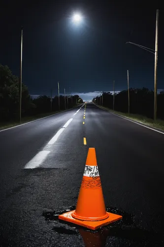 Write a suspenseful scene where a road cone on a dark road suddenly moves on its own.,road cone,safety cone,traffic cone,vlc,traffic cones,school cone,traffic lamp,salt cone,roadwork,road marking,cone