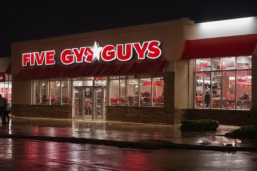 Write a suspenseful story about a group of people trapped inside Five Guys during a violent thunderstorm.,shoe store,fast food restaurant,the smell of,store front,store fronts,storefront,fifty percent