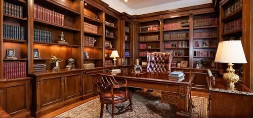 an office with several chairs and a desk classic dsigne ,bookcases,reading room,bookshelves,study room,bookcase,old library,Photography,General,Realistic