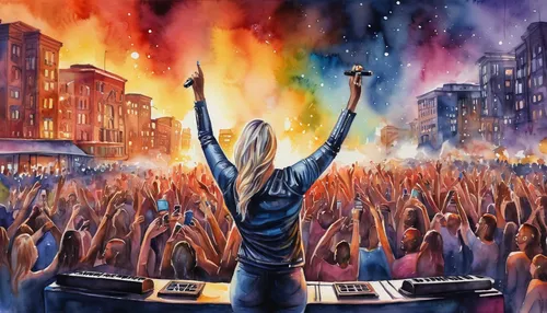 dj,raised hands,music festival,the festival of colors,street party,hands up,festival,riot,concert crowd,electronic music,rave,concert,colorful city,tomorrowland,live concert,pyrotechnic,pride parade,rock concert,fire artist,fireworks art,Illustration,Paper based,Paper Based 24