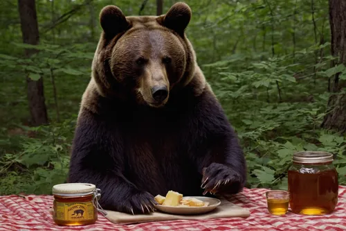 Create a suspenseful scene where a bear tries to steal a jar of honey from a picnic.,fruit preserve,still life with jam and pancakes,apple jam,homemade preserves,honey products,nordic bear,preserves,a