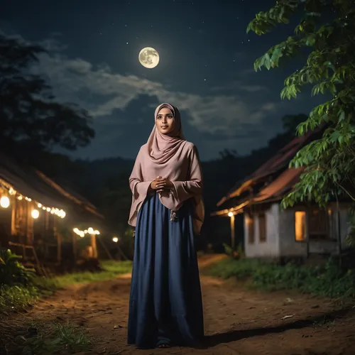 Photo profesional,Full moon,star,cloud,night,forest,village,beauty girl from indonesia,wearing hijab,longshot,wide shot,full body,night photograph,night photography,photo session at night,moonlit nigh