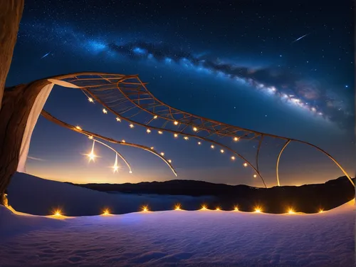 Color  azul noche con estrellas ,sky space concept,constellation lyre,stargate,parabolic mirror,canopy bed,semi circle arch,panoramical,lightpainting,cloud shape frame,bridge arch,light art,electric a