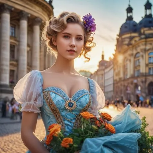 A captivating 3D close-up downward view render of a 36-year-old German woman, transported back to 1937, as she stands before the iconic Dresden Opera House in downtown Dresden, Germany. The woman is d