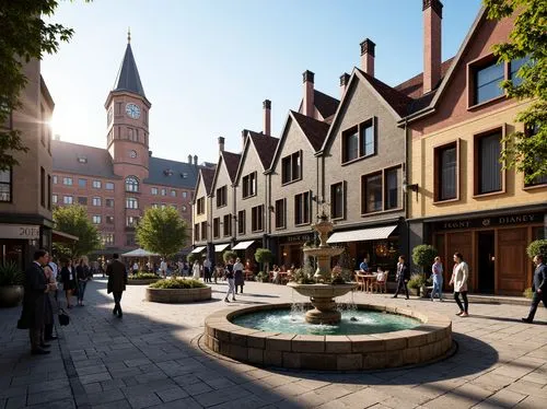 Vibrant public plaza, ornate fountain, historic clock tower, eclectic pub architecture, brick and stone facade, steeply pitched roofs, decorative chimneys, colorful ceramic tiles, intricate wooden doo