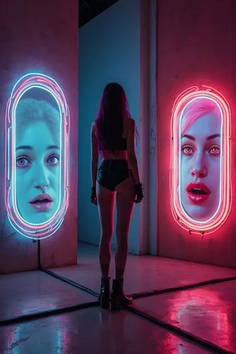 neon body painting,orbiters,neon lights,echo,mirrors,neon sign