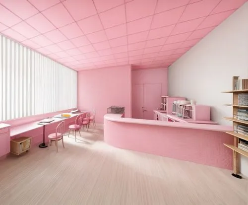 pink and light wood art deco bakery,gymnastics room,the little girl's room,cosmetics counter,pink paper,beauty room,ice cream shop,study room,interior design,baby room,children's room,consulting room,