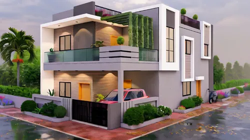 build by mirza golam pir,modern house,3d rendering,residential house,apartment house,cube stilt houses,two story house,modern architecture,small house,3d rendered,holiday villa,3d render,tropical hous