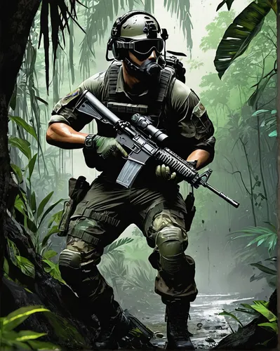 video game character, Tom Clancy's Ghost Recon, Jungle Storm, soldier, tactical gear, camouflage uniform, face paint, assault rifle, night vision goggles, crouching position, dense jungle environment,